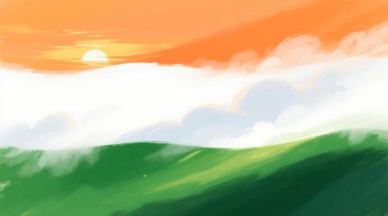 Obraz premium Serene sunrise over layered green hills and soft white mist under warm orange sky