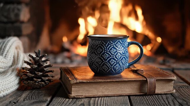 Blue patterned ceramic mug placed on a vintage book with a cozy fireplace in the background