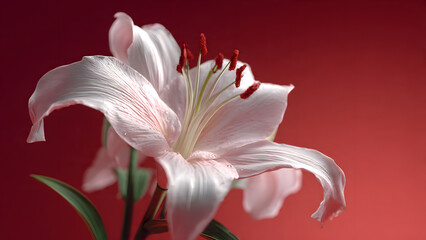 Close-up of a beautiful white Amaryllis flower with red stamens against a gradient red background, floral photography.
