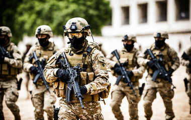 Obraz premium squad of armed soldiers in camouflage uniform moving together