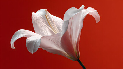 Close-up of a beautiful white lily flower against a vibrant red background, showcasing its delicate petals and stamen.