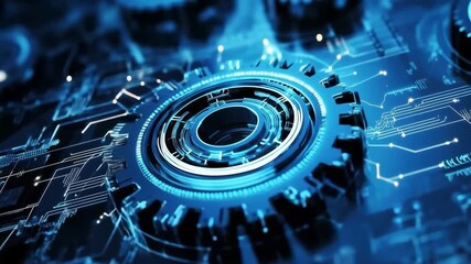 Advanced technology gears spinning in a futuristic blue circuit design - Powered by Adobe