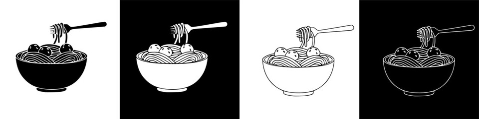 Meatballs served with pasta in a bowl, a fork lifts noodles, graphic illustration