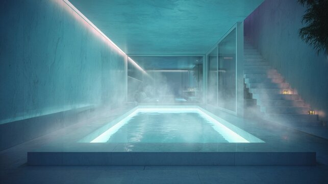 cold plunge pool indoors with soft blue lighting, steam mist, luxury spa mood, clean modern architecture