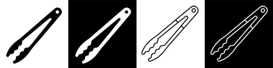 Simple graphic icons of kitchen serving tongs, isolated on a black background for various culinary uses