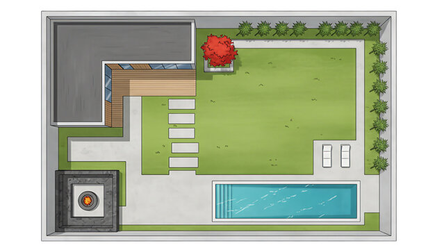 Top View Schematic of Modern Backyard with Swimming Pool, Fire Pit, and Landscaping Plan.