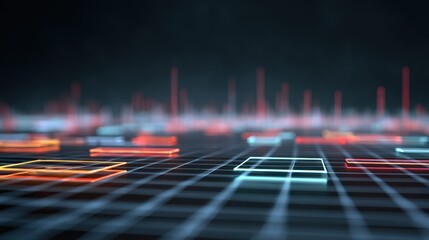 Futuristic digital landscape with neon glowing shapes on a grid, representing technology, data visualization, and modern digital art concepts