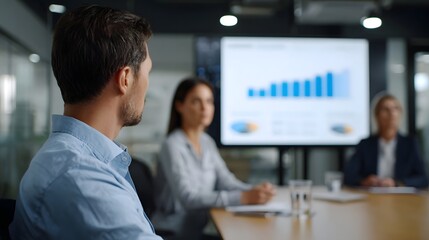 Professionals in a modern conference room attentively observing a business presentation with growth charts on a large screen