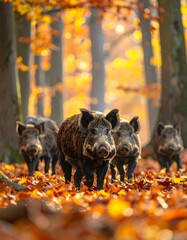 A family of wild boars traverse a path covered in fallen leaves, bathed in the soft glow of autumn sunlight. Their dark hides contrast warmly