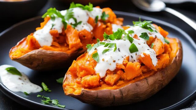 Delicious baked sweet potatoes with creamy topping and fresh herbs on black plate in sequence