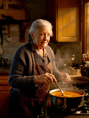 Senior Grandmother Cooking Homemade Soup in Rustic Kitchen with Warm Morning Sunlight Beaming on Face.