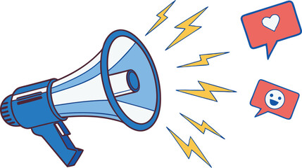 Graphic Shows a Loudspeaker With Sound Waves and Social Media Reaction Symbols in a Digital Style