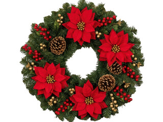 Beautiful christmas wreath with red poinsettia flowers and decorations isolated on transparent background