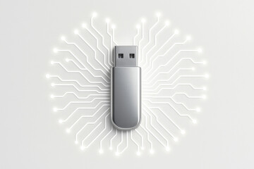 metallic usb flash drive positioned on a white background surrounded by an illuminating circuit board pattern radiating lines representing data flow and digital connectivity
