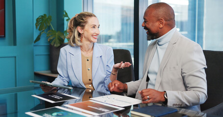 Smile, discussion and tablet with business people in office together for risk management. App, budget and collaboration with employee team in financial workplace with charts, data or graphs review