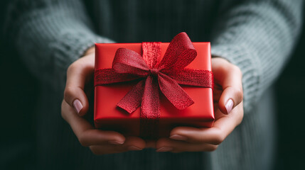 Giving gifts during the celebrating happy birthday. Woman hands holding a gift box.