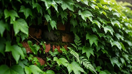 Lush Green Ivy Wall Background with Natural Foliage and Brick Texture for Eco Themed Designs