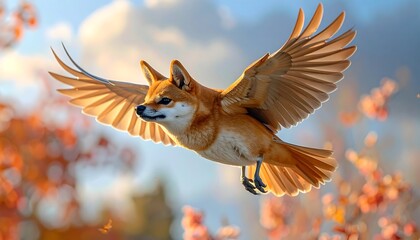 A fantastical creature with the head of a dog and the wings of a bird soars in a blurred, autumnal landscape