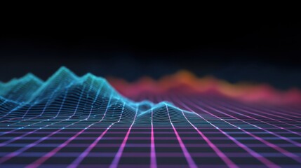 Abstract digital landscape with glowing lines and wave patterns representing data visualization, technology concepts, and futuristic design elements