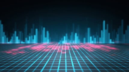 Abstract digital landscape with glowing blue and pink grid patterns representing data visualization and futuristic technology concepts in dark environment