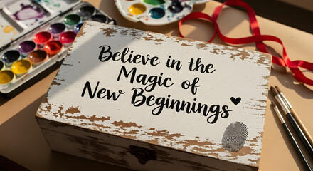 Rustic wooden box distressed with white paint featuring inspiring quote about magic and new beginnings surrounded by art supplies