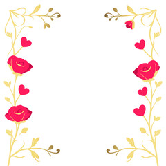 Gold floral frame with red roses pink hearts and decorative vines on a transparent background suitable for invitations greeting cards valentines and wedding designs.