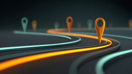 Abstract illustration of winding paths with location markers in a dark background, representing navigation and journey concepts in a modern digital style