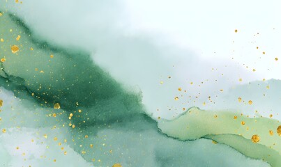 Fototapeta premium Minimalistic horizontal background to match a green and gold color palette, soft white surface with subtle sage green undertones and gentle gold speckles, a calm and elegant