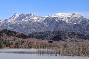 北海道夕張市、明石橋横駐車場から眺めた、うっすら雪化粧の夕張岳・前岳とシューパロ湖【11月】