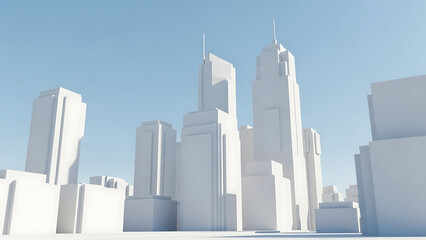 Abstract cityscape with minimalist white skyscrapers against a bright blue sky