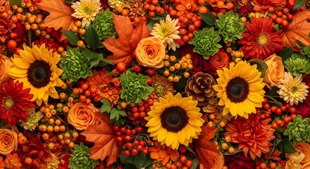 Vibrant autumn floral arrangement with sunflowers and colorful blooms