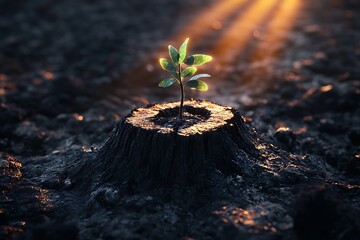 Tree sapling rising from the heart of a charred stump, illuminated by holographic sunlight rays, invoking a sense of sci-fi wonder in a 3D .