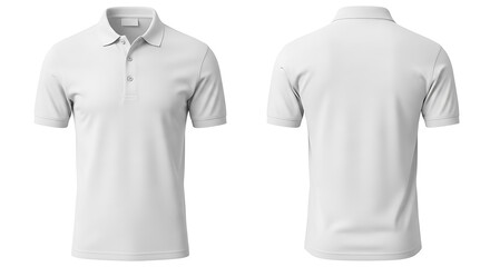 Blank white polo shirt template, front and back view, for design mockups, branding, and casual wear, isolated on white background