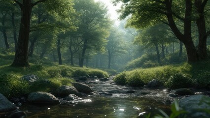 Obraz premium Lush Forest Stream - A Serene Landscape of Natures Beauty.