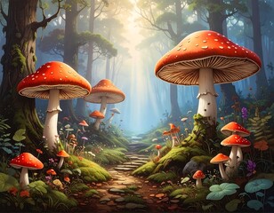 A fantasy forest scene with large red mushrooms and a winding path, bathed in sunlight. Foliage and smaller mushrooms complete the fairytale setting