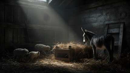 A Stable in Bethlaham with a Light Shining on a Manger and a Donkey Looking In