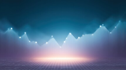 Abstract digital financial chart with glowing peaks and valleys in a blue and purple gradient background, representing market trends and data analysis