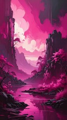 A fantasy scene with a waterway winding through a vivid pink landscape of mountains, foliage and a dramatic sky