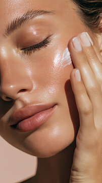 beautiful female face with glowing skin, applying cream gently with hand. image captures moment of skincare routine, highlighting healthy and radiant skin
