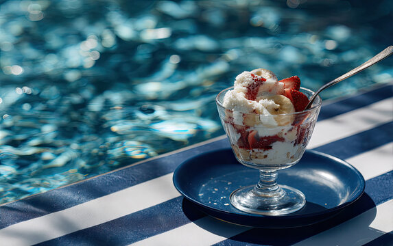 Delicious dessert featuring ice cream, strawberries, and bananas in glass cup, placed beside shimmering pool. Perfect for sunny day by water - Powered by Adobe