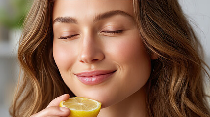 woman enjoys refreshing scent of lemon slice near her lips, exuding sense of joy and freshness. Her eyes are closed, capturing moment of bliss