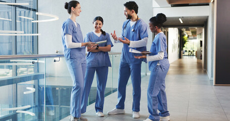 Talking, hospital and med students in lobby for consulting, medical advice and diagnosis....