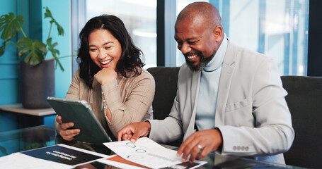Happy, business people and tablet with documents for analytics, data analysis or performance review. Businessman, woman or employees with technology or paperwork for company report or good news