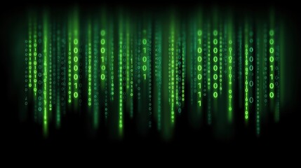 Abstract Green Binary Code Matrix Flowing in Vertical Lines Against a Black Background for Technology and Cybersecurity Themes