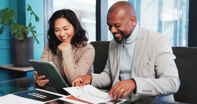 Happy, business people and tablet with documents for analytics, data analysis or performance review. Businessman, woman or employees with technology or paperwork for company report or good news - Powered by Adobe