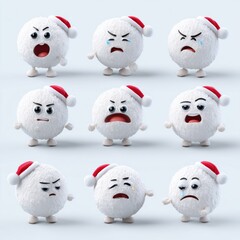 Cute Christmas snowball character emoji set with glossy candy texture and Santa hat, various expressions for holiday stickers
