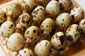 Full plastic container of spotted quail eggs, close-up view