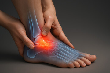 Medical illustration of ankle pain showing highlighted joint inflammation and skeletal anatomy with hands supporting foot conveying discomfort and care