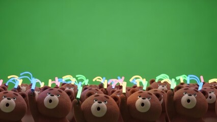 Bear Revolution Fluffy Protesters with Neon Glowsticks Against Green Screen.