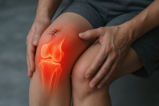 Person holding injured knee with visible surgical stitches and highlighted joint pain and medical inflammation after trauma